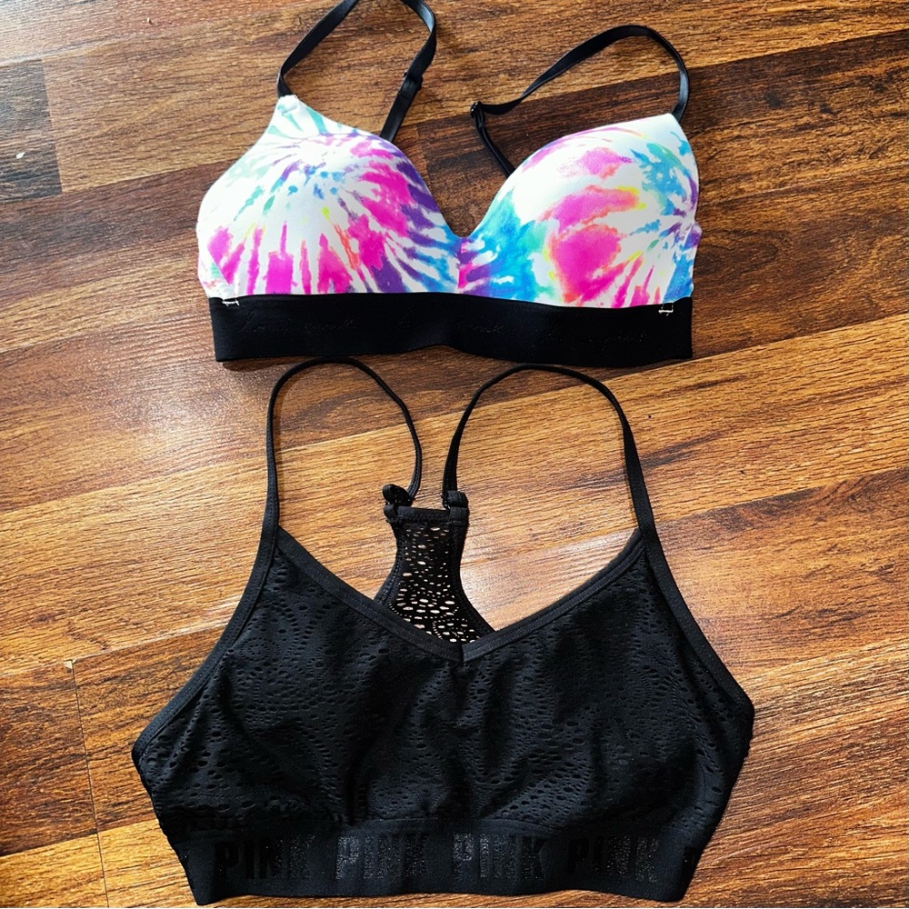 VS- PINK 32C Vibrant Tie-Dye wireless bra and Small Black Lace sport Bralette